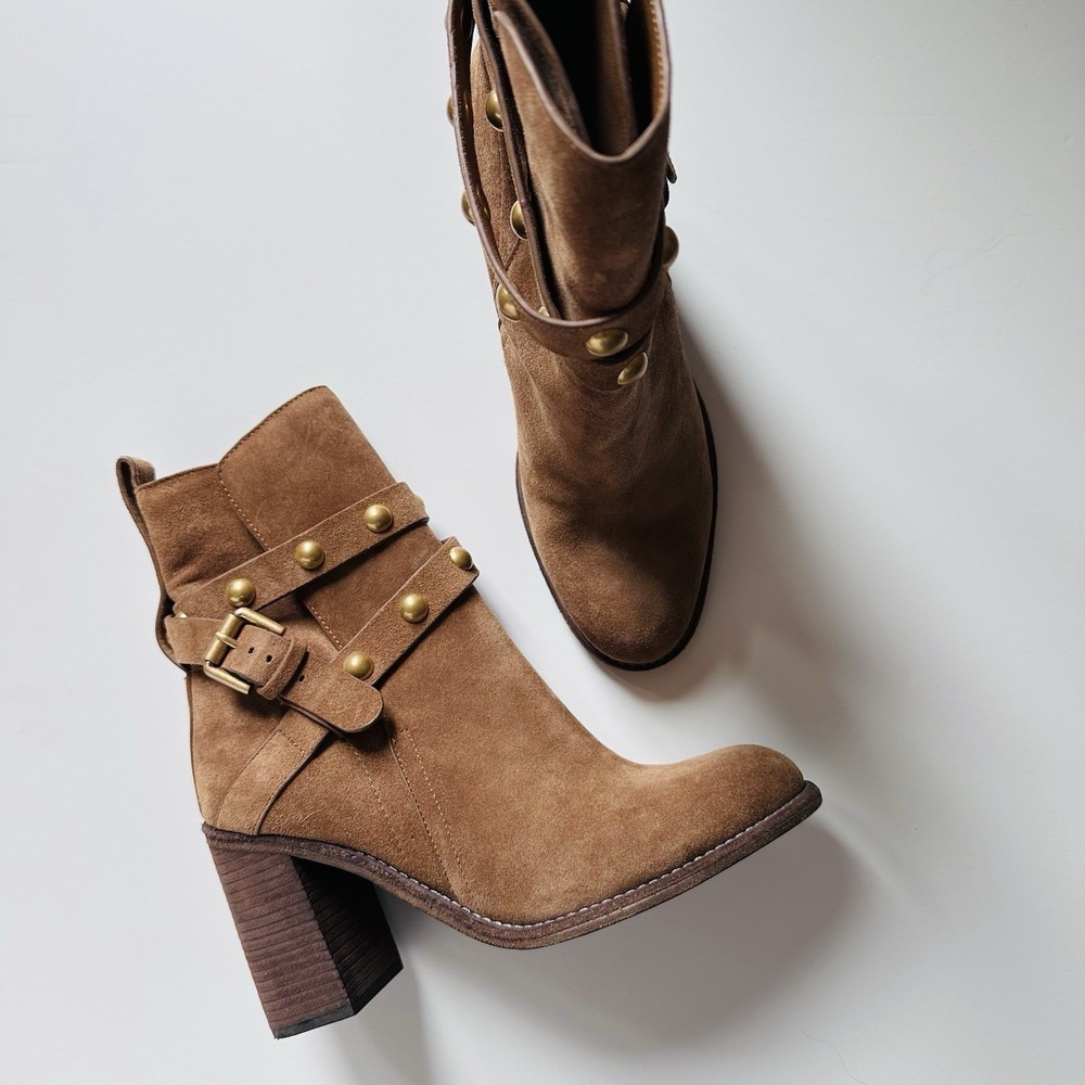 See By‎ Chloe Janis Brown Nubuck Suede Ankle Boots Straps Studs EU 37 US 6.5